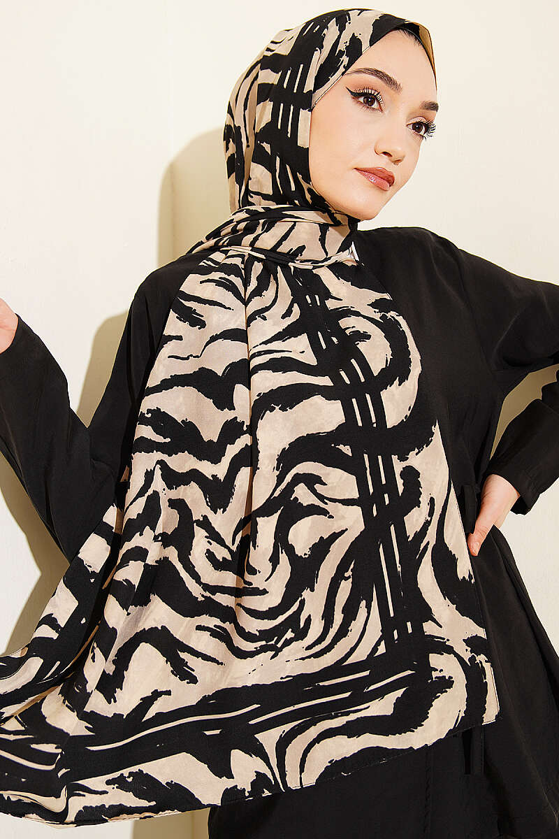 Zebra Desen Medine İpeği Şal Siyah Bej