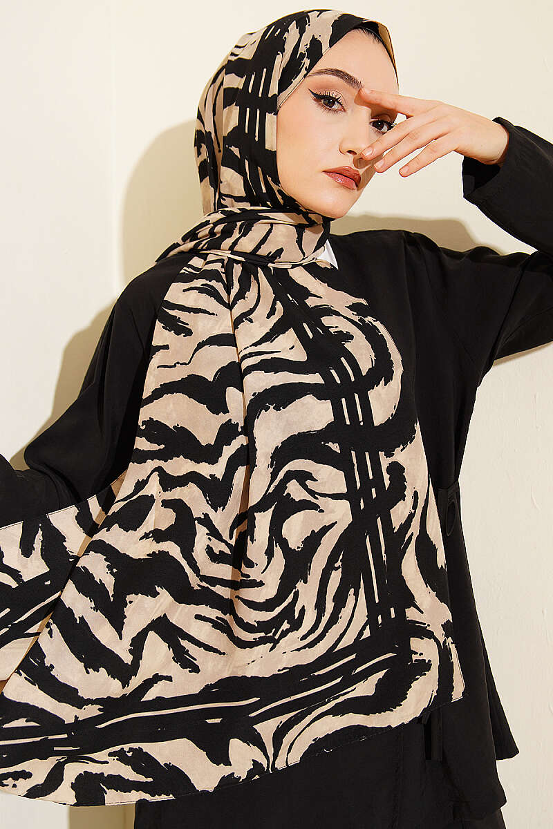 Zebra Desen Medine İpeği Şal Siyah Bej