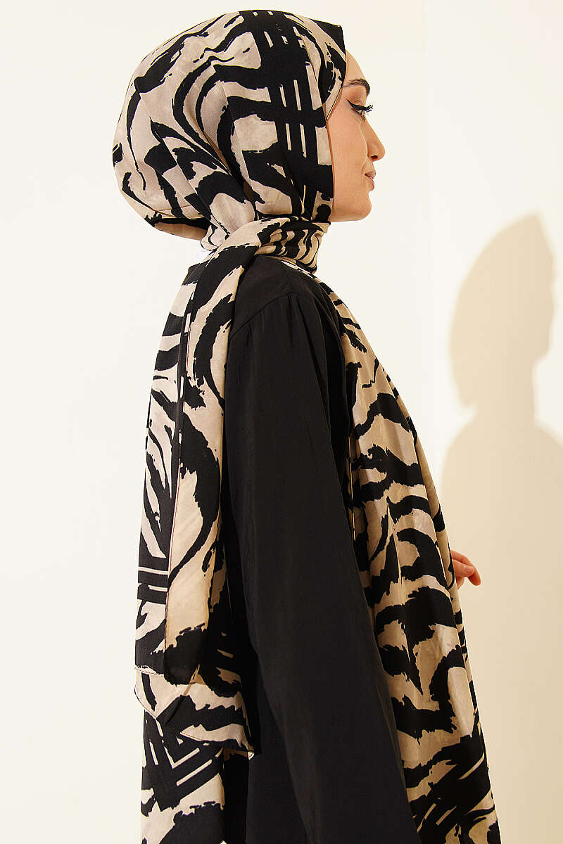 Zebra Desen Medine İpeği Şal Siyah Bej