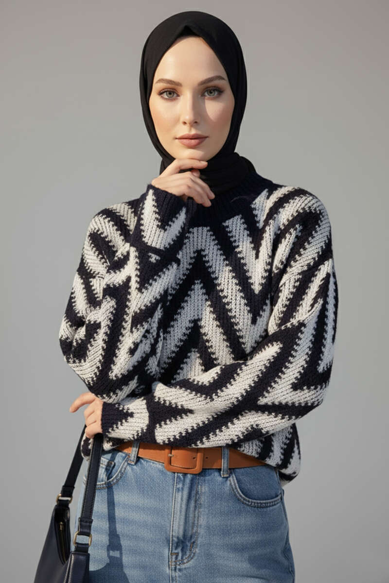 Zigzag Desen Triko Kazak