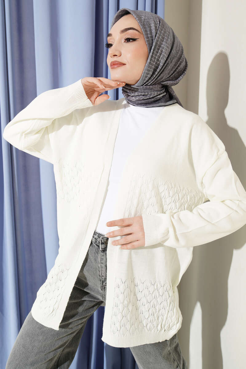 Zigzag Desenli Triko Basic Hırka Kemik