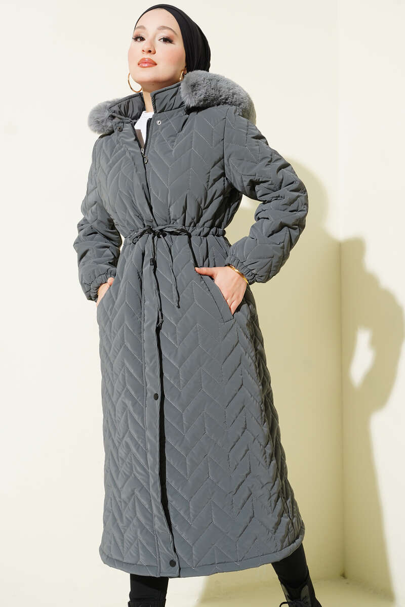Zigzag Kapitone Kapüşonlu Şişme Mont
