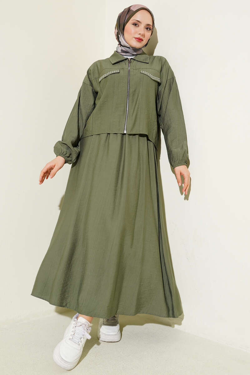 Zımba Cep Kapaklı Etekli İkili Takım Haki