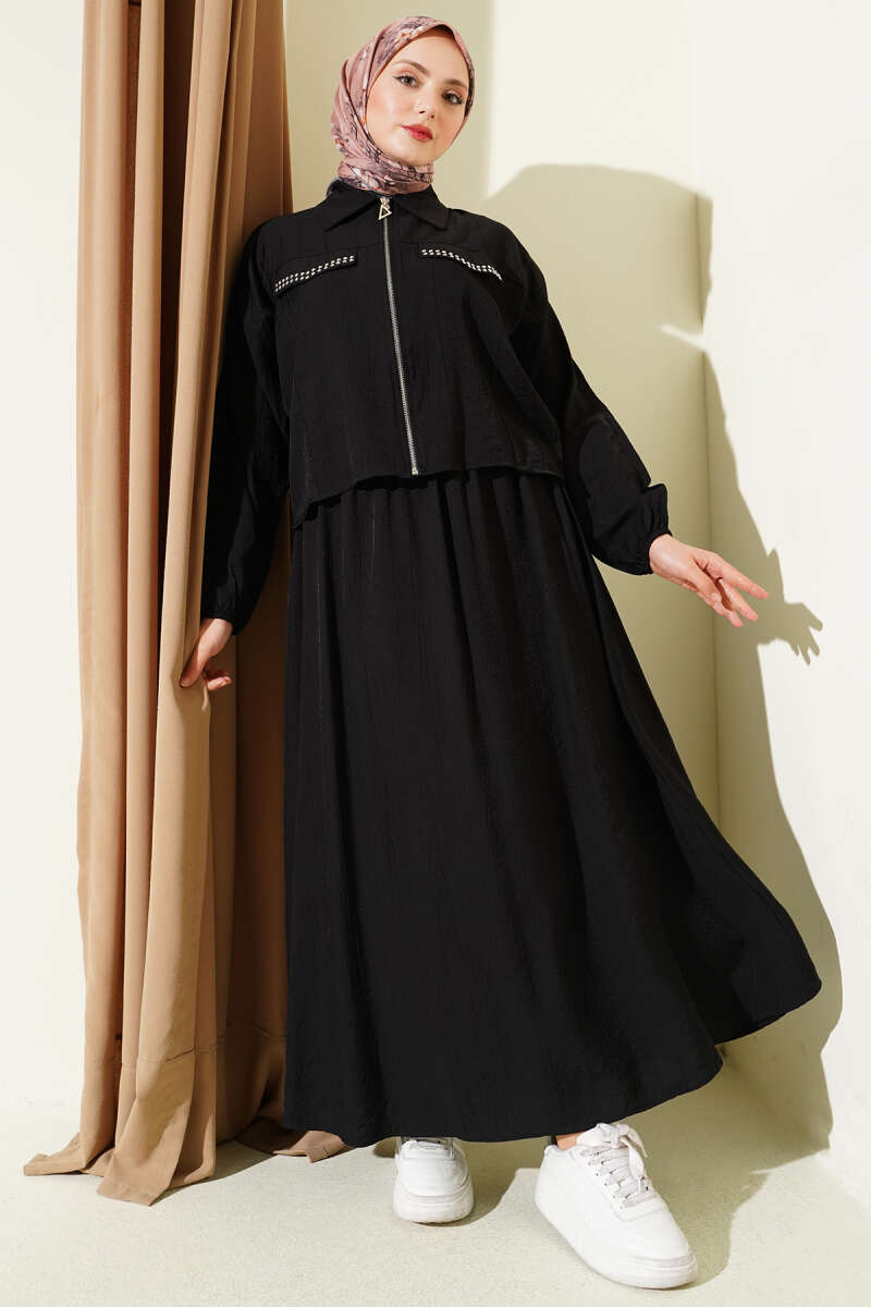 Zımba Cep Kapaklı Etekli İkili Takım Siyah