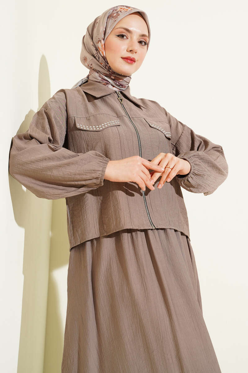 Zımba Cep Kapaklı Etekli İkili Takım Vizon