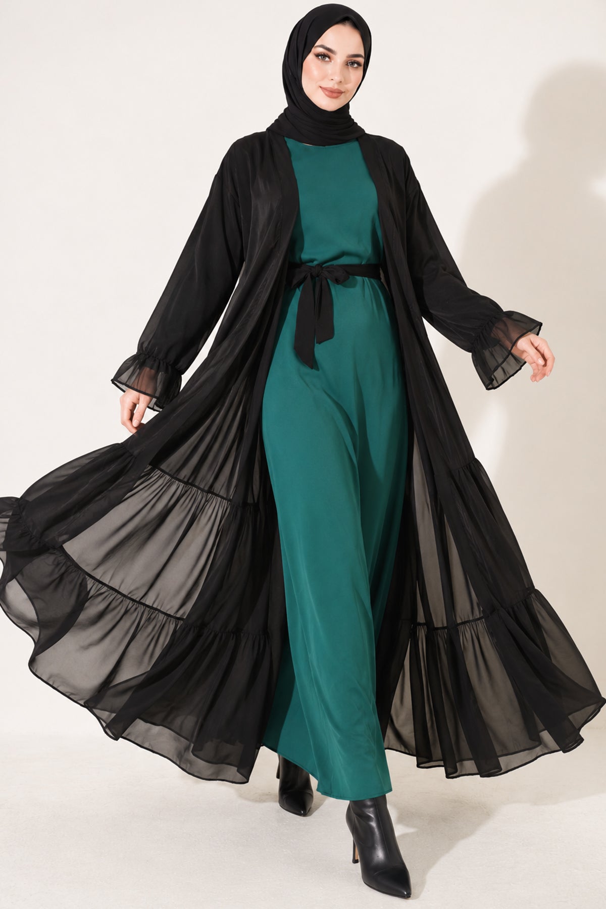 Pleated Abaya Set with Gathered Detail Oil Green